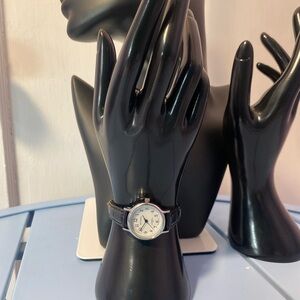 Miykon Ladies Quartz Watch Silver Tone White Dial Black Leather Strap Japan Movt